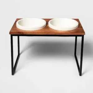Open Box - Modern Tall Metal Elevated Dog Bowl with Natural Wood Top - Black