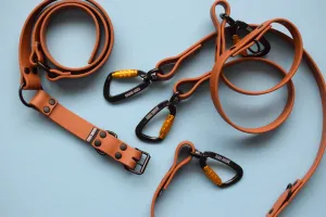 PREMADE COLLECTION - Tan & Black Convertible Biothane Hands-Free Waist Leash